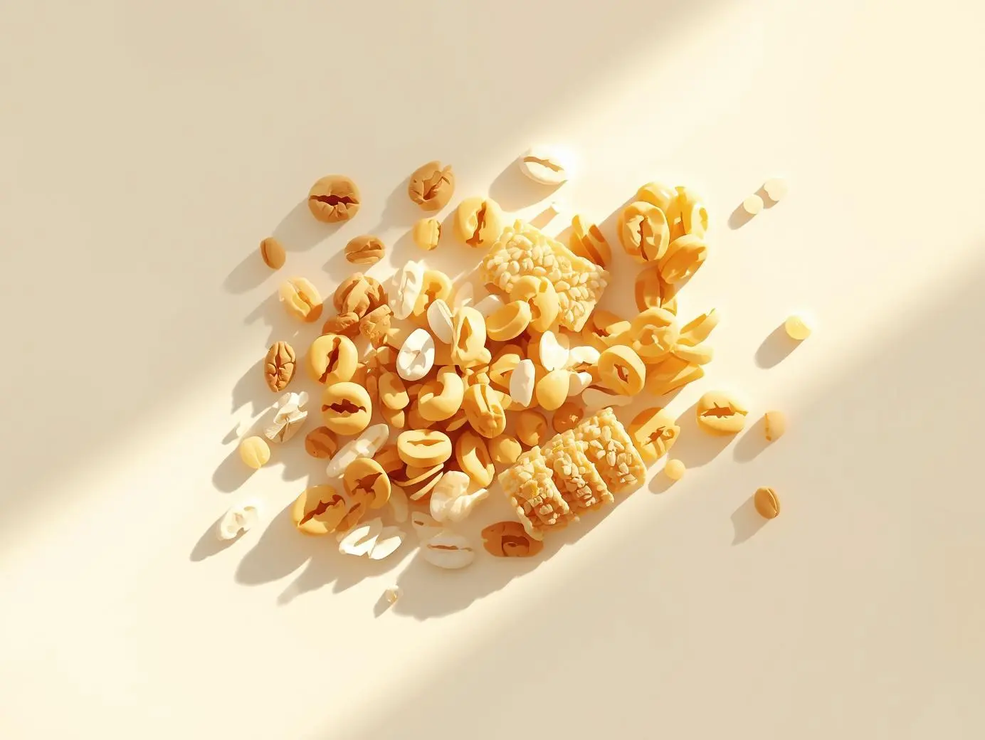 Assorted high protein granola and cereal pieces on beige surface